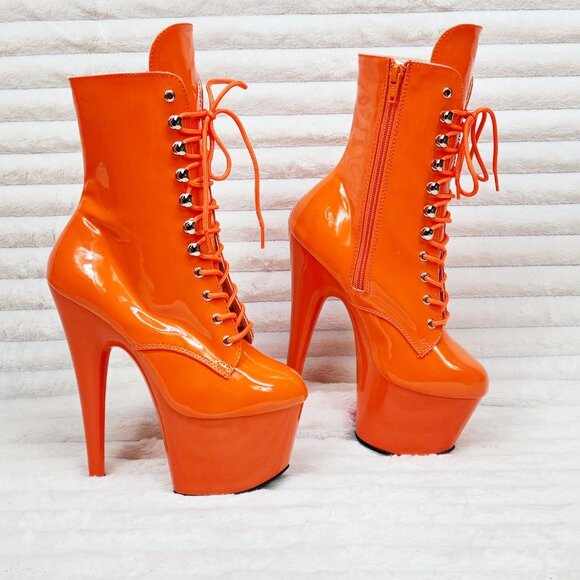 Adore Bright Orange Patent High Heel Platform Ankle Boots - Picture 6 of 8